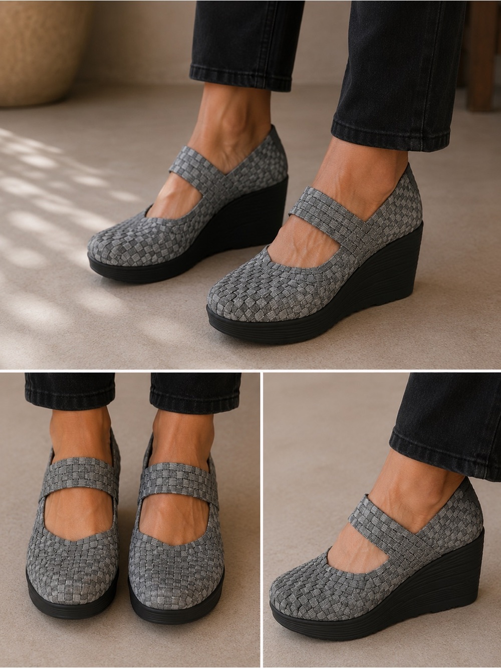Nine West Woven Mary Jane Wedge in metallic silver pewter Grey 6.5